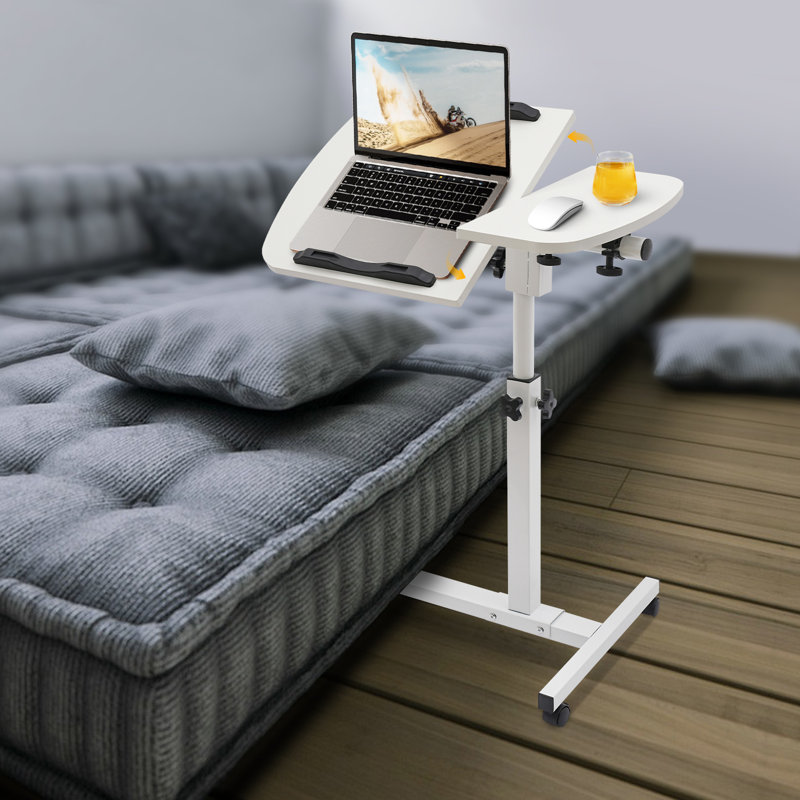 White Portable Adjustable Rolling Laptop Table Stand with Wheels